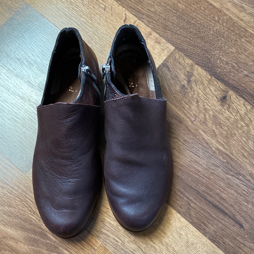NAOT Two-tone brown & metallic leather booties, great condition.